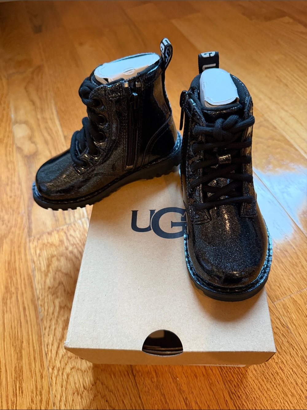 UGG Kids Black Sparkle Lace-Up Boot with Side Zipper